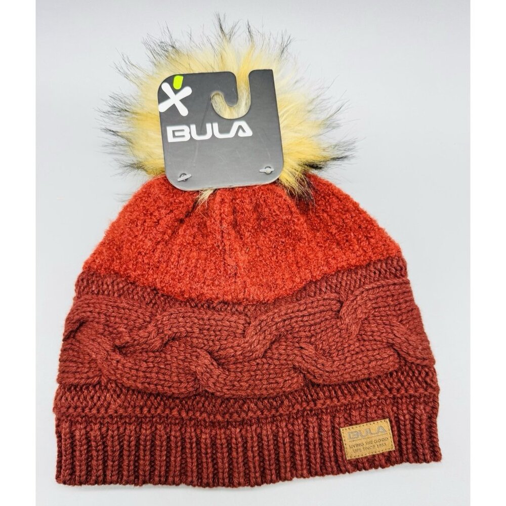 Bula Cable Knit Lined Pom Pom Hat Beanie Two Toned‎ Burgundy Unisex
